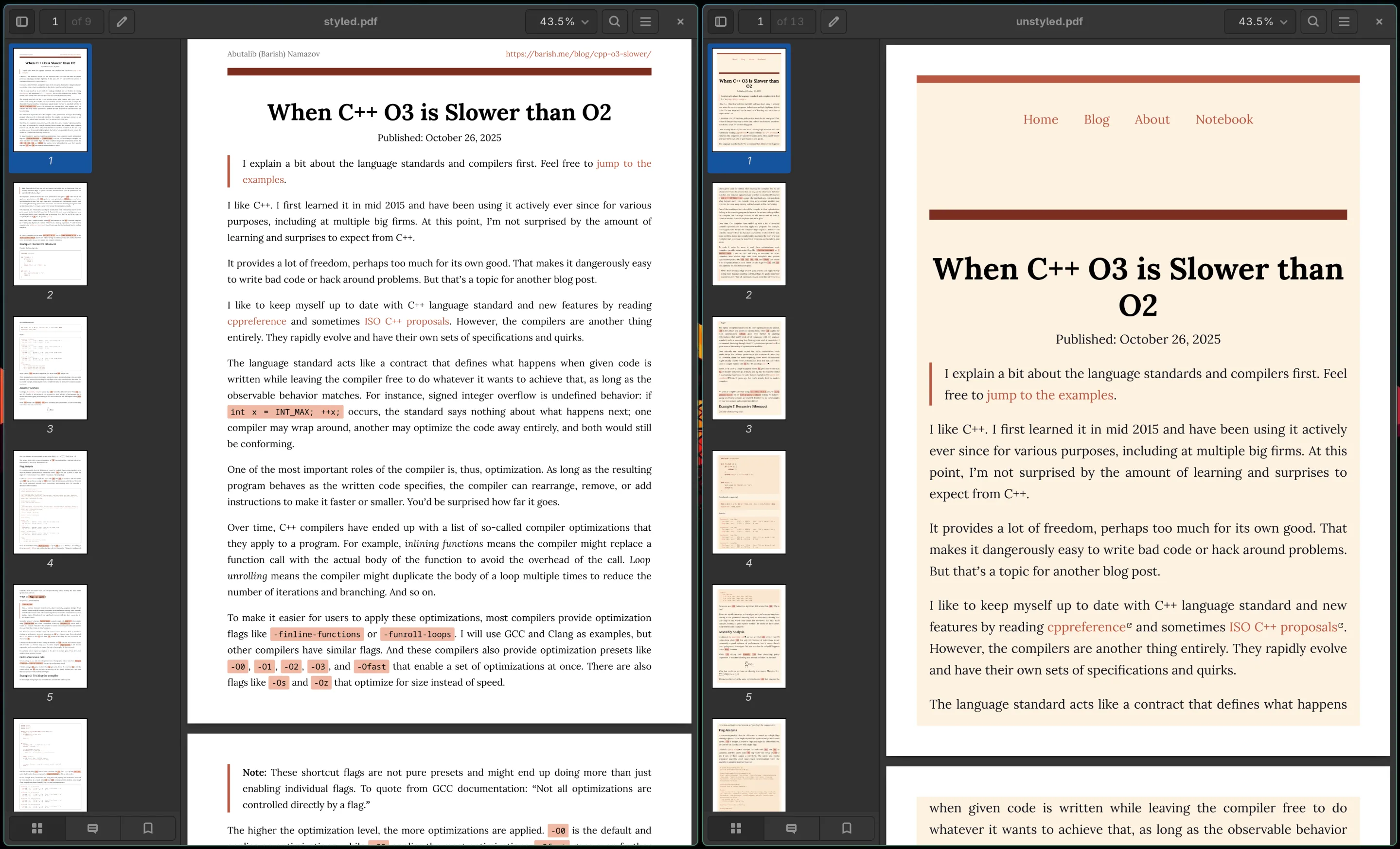 Comparison of print styled vs unstyled PDFs of a blog post