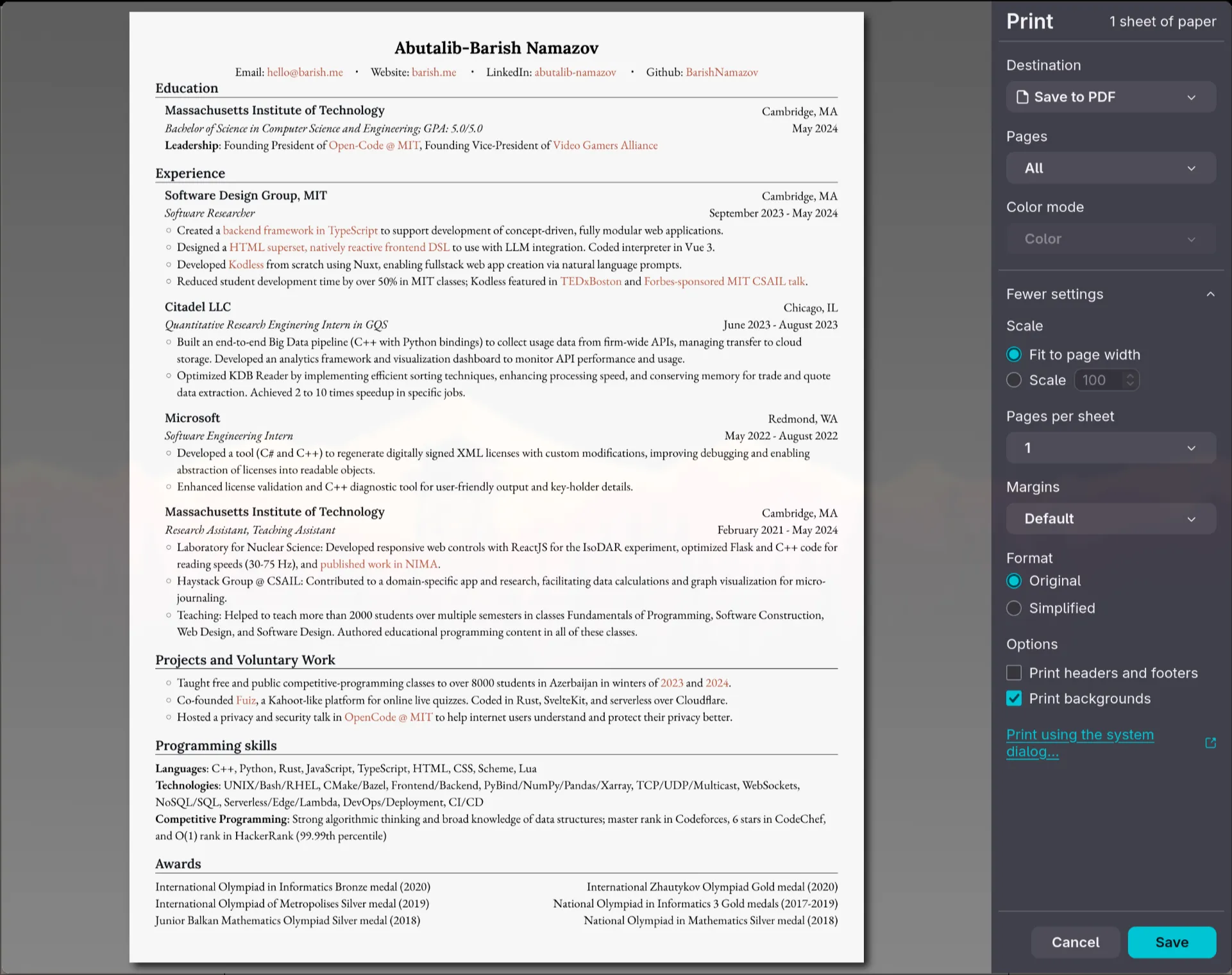 Printing menu for my resume